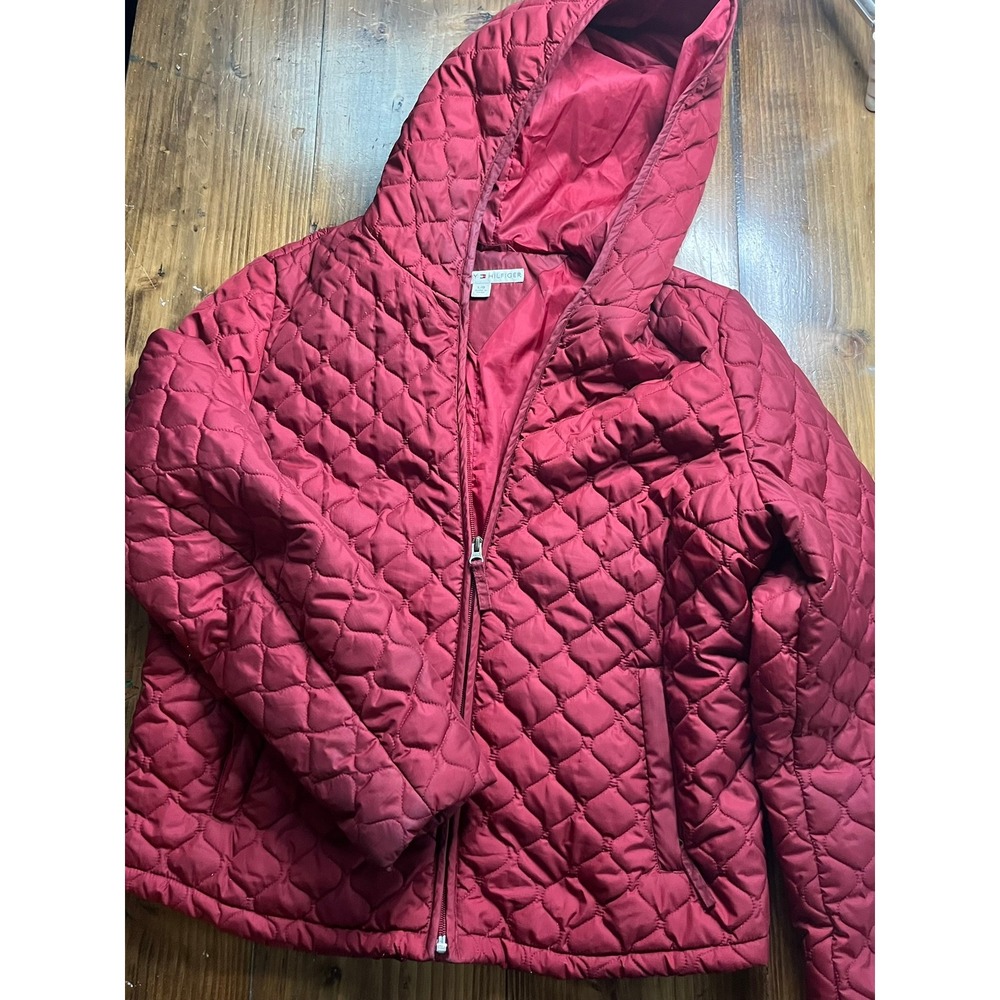 Tommy Hilfiger Womens Burgundy Red Quilted Puffer Hooded Jacket‎ Size Large L/G